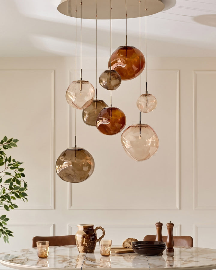 Orla mocha, caramel and champagne glass 8 bulb pendant light