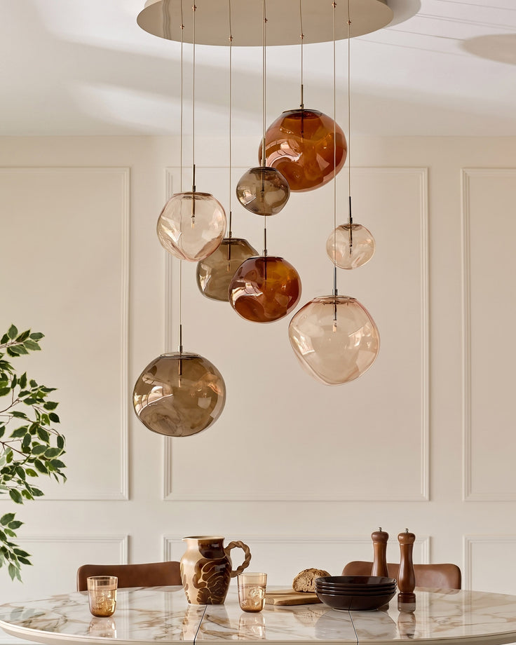Orla mocha, caramel and champagne glass 8 bulb pendant light