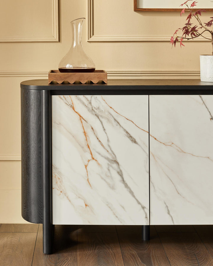 Contemporary sideboard with marble effect doors and sleek black frame. Perfect for modern living spaces.
