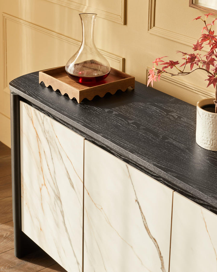 A stylish sideboard with a dark wood top and marble effect doors. Ideal for modern living and dining spaces.