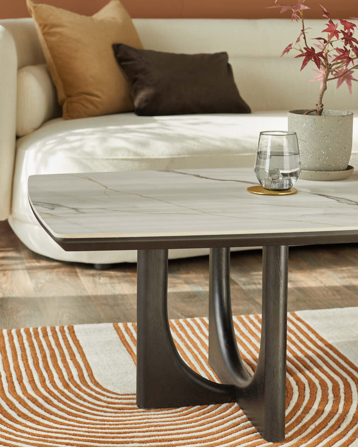 A marble-topped coffee table sits on a circular rug, next to a cream sofa with tan and brown scatter cushions.
