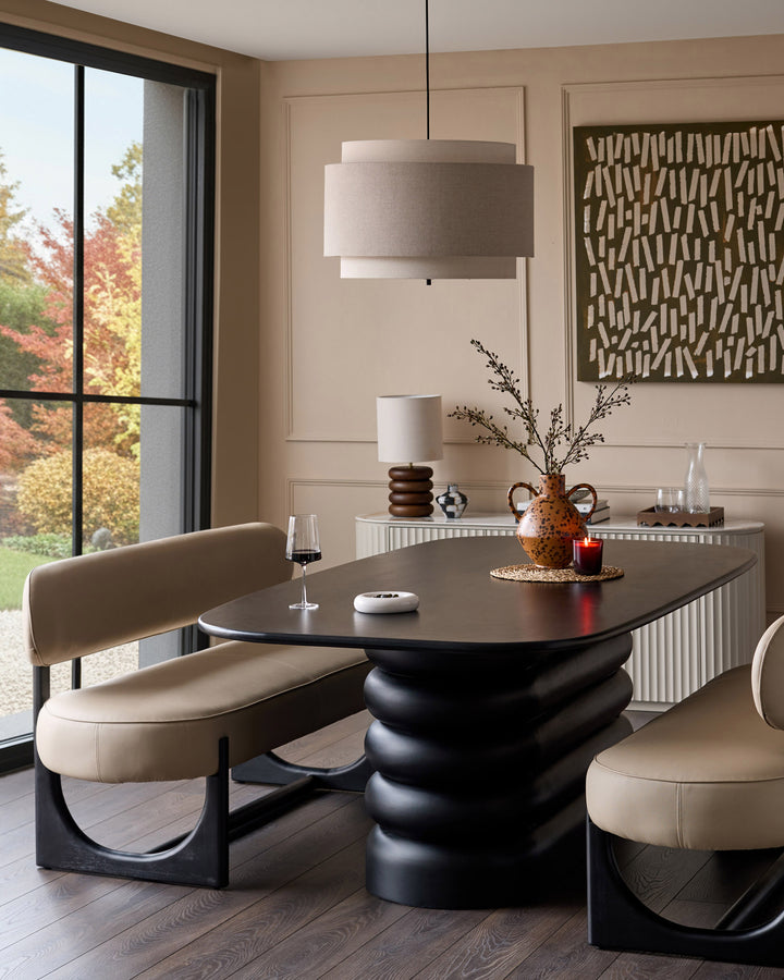 Orlan 3-seating dining bench with backrest in natural faux leather, shown in modern dining room setting.