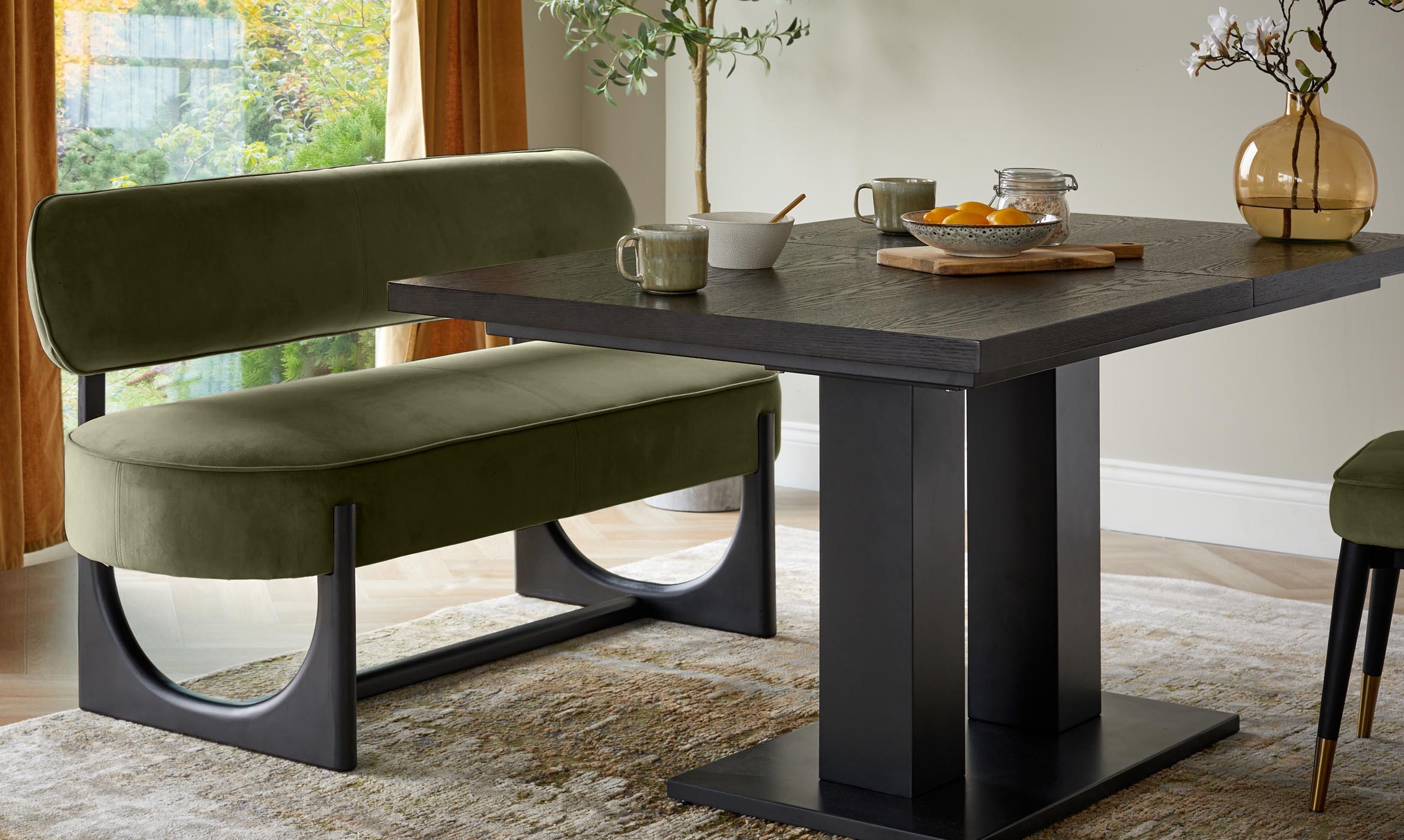 Orlan olive green velvet 3 seater dining bench with backrest