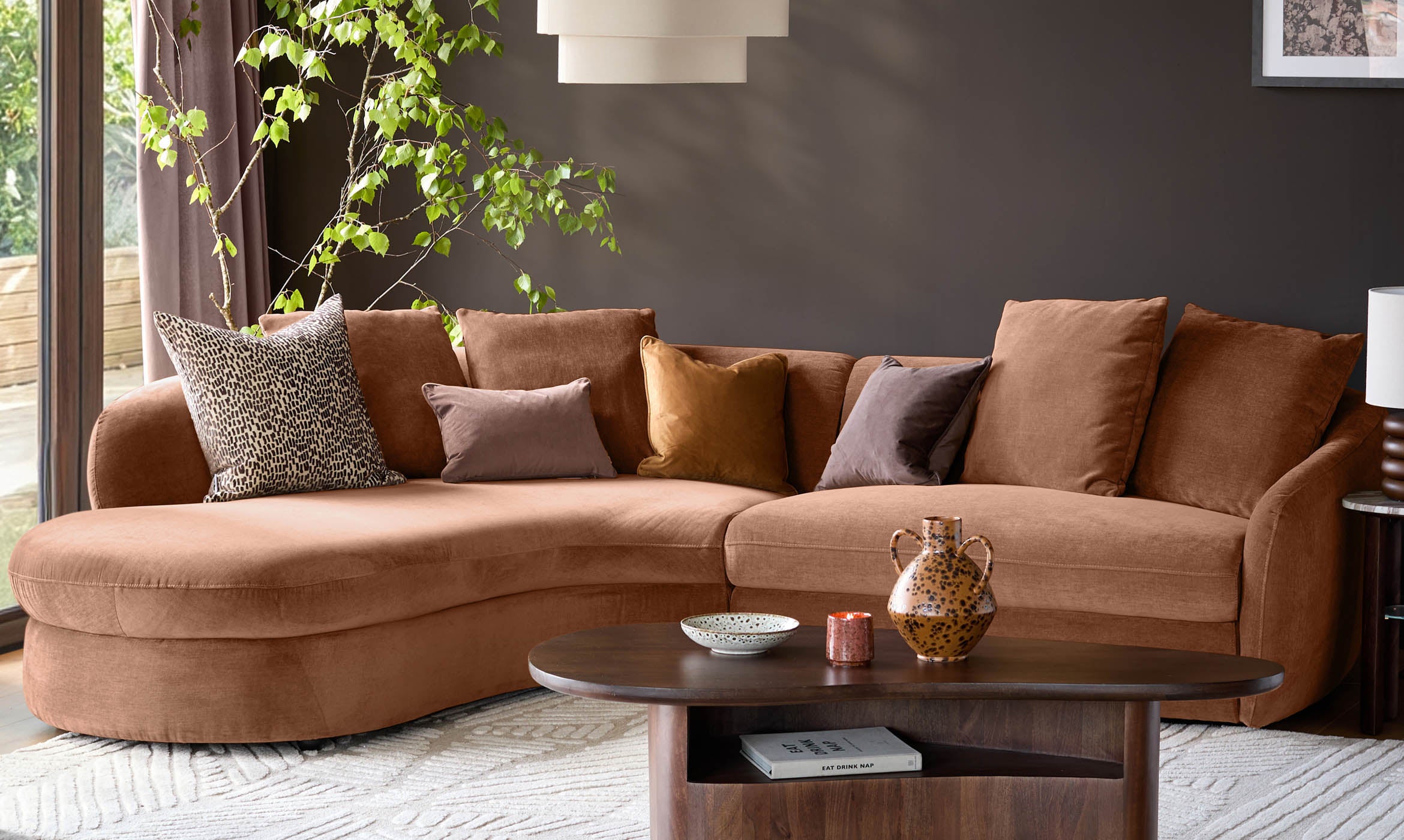 Ottilie apricot chenille left hand corner chaise sofa
