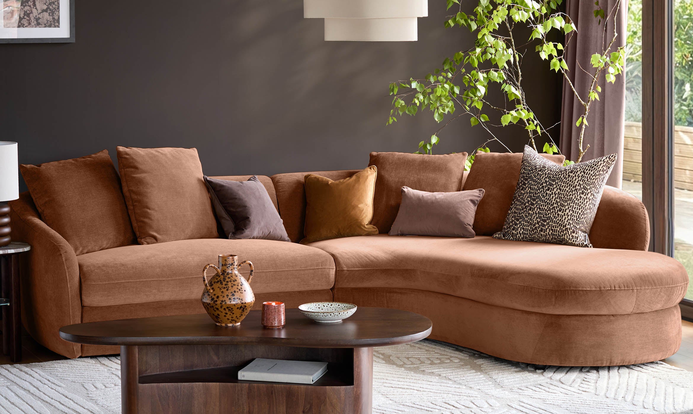 Ottilie apricot chenille right hand corner chaise sofa