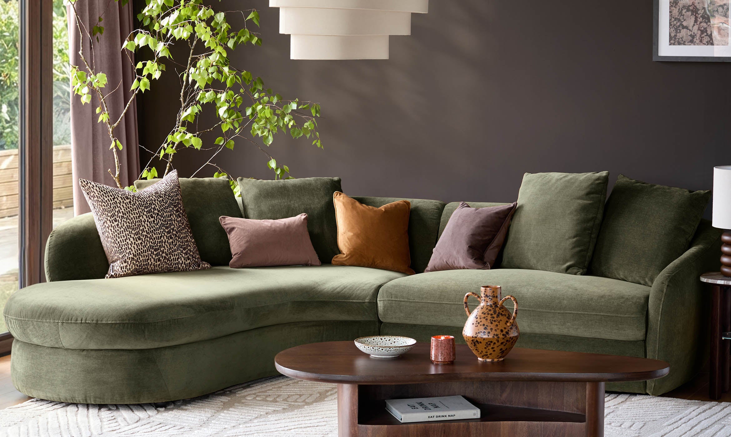 Ottilie olive green chenille left hand corner chaise sofa