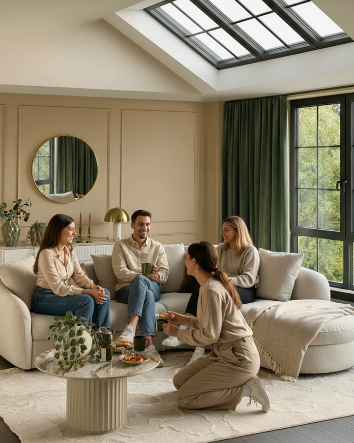 Ottilie right-hand corner chaise sofa in natural fabric, shown in a bright living room with four people seated.