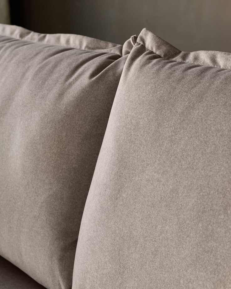 Otto 3-seater sofa in mocha fabric, close-up detail showing soft texture and cushion construction.