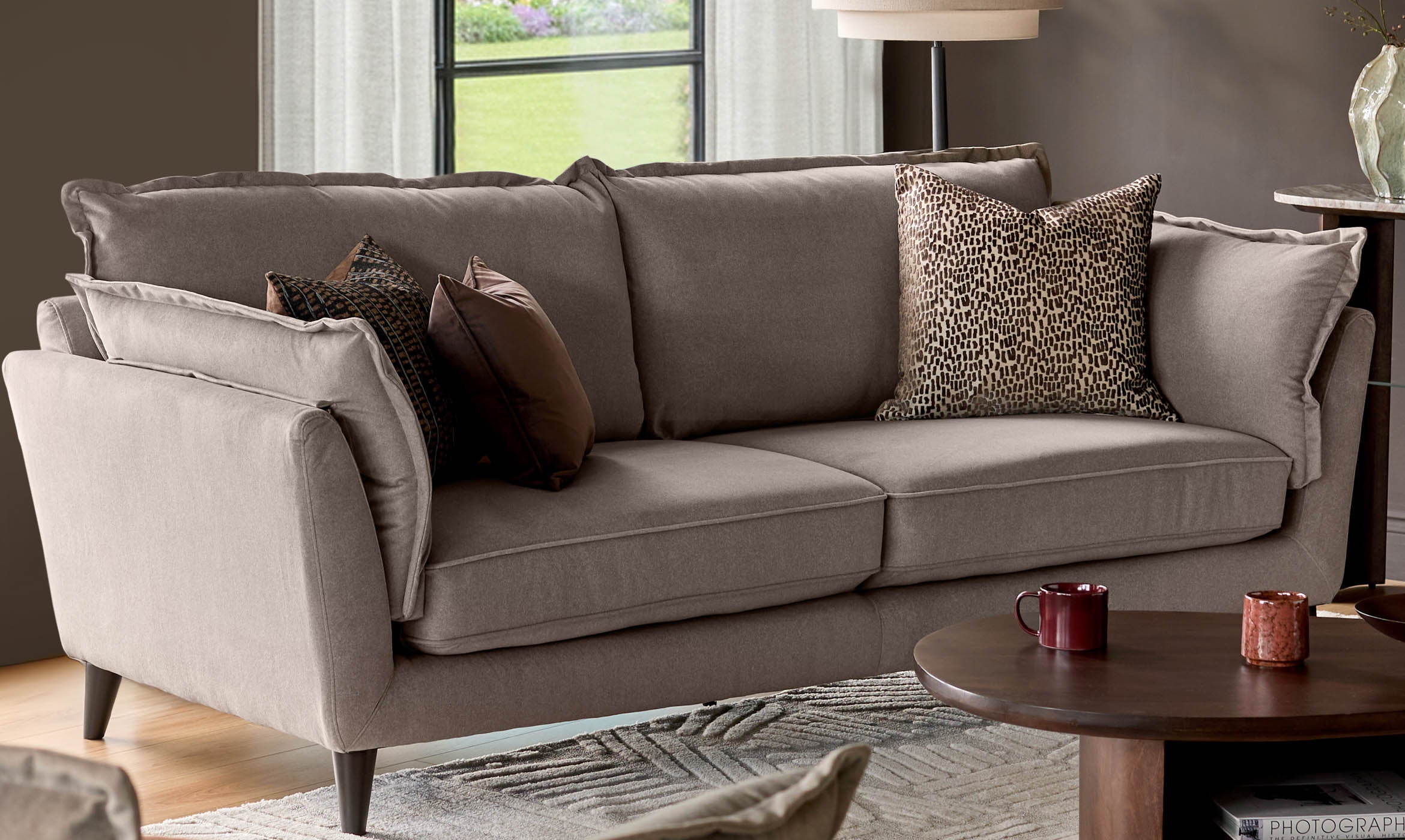 Otto mocha plush fabric 3 seater sofa
