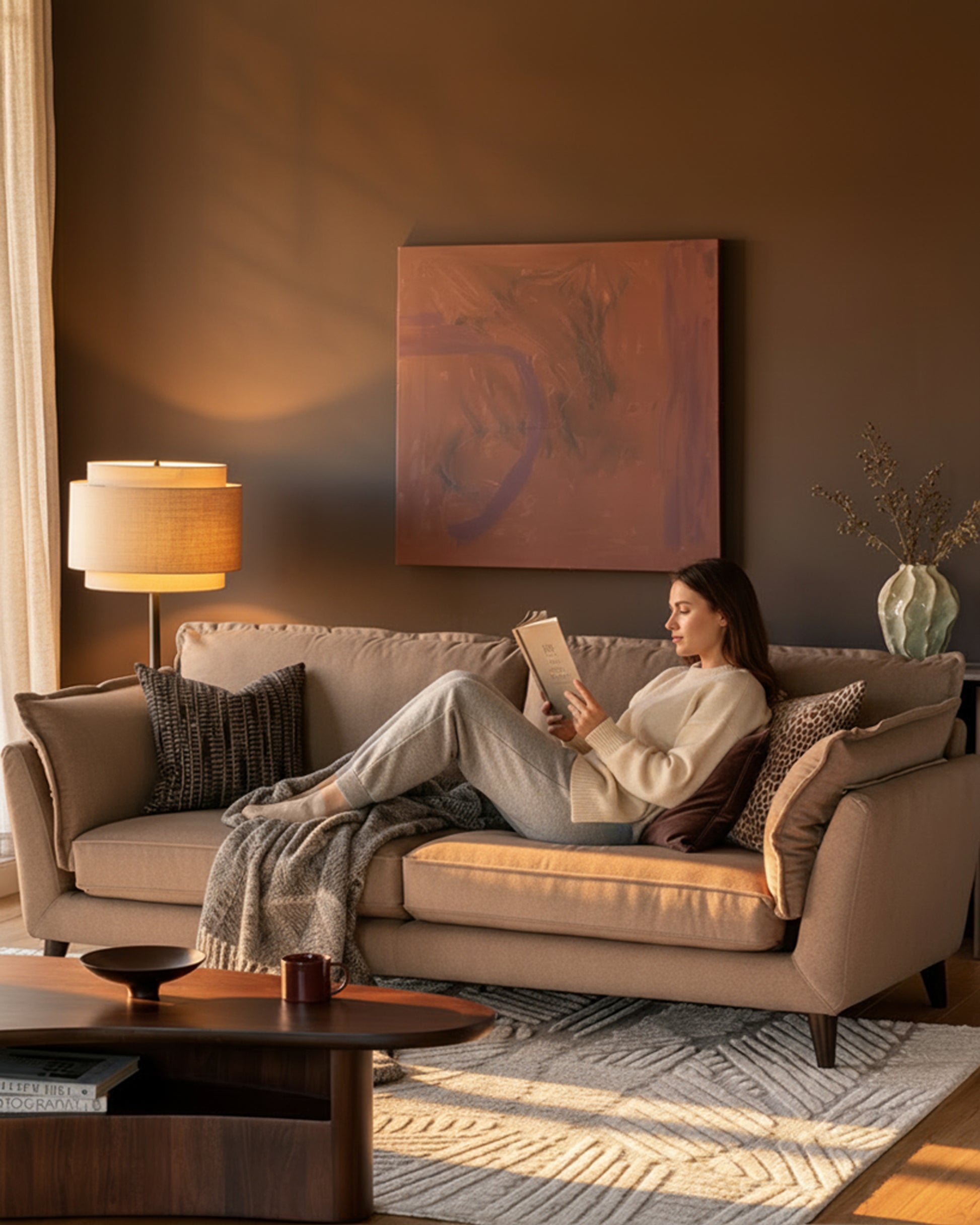 Otto 3-seater sofa in mocha fabric, displayed in a warm living room setting with a woman reading on it.