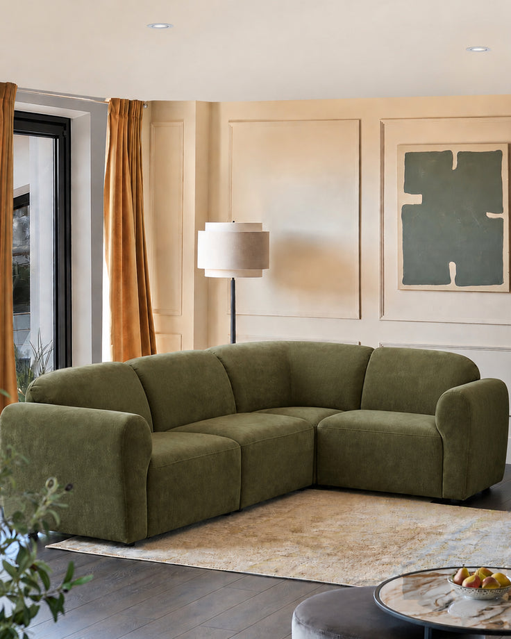 Penny dark green fabric small corner sofa
