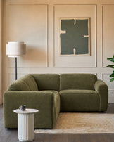 Penny dark green fabric small corner sofa