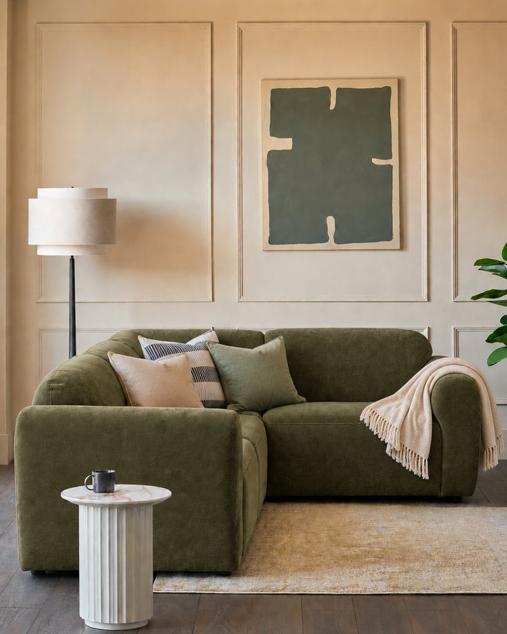 Penny dark green fabric small corner sofa