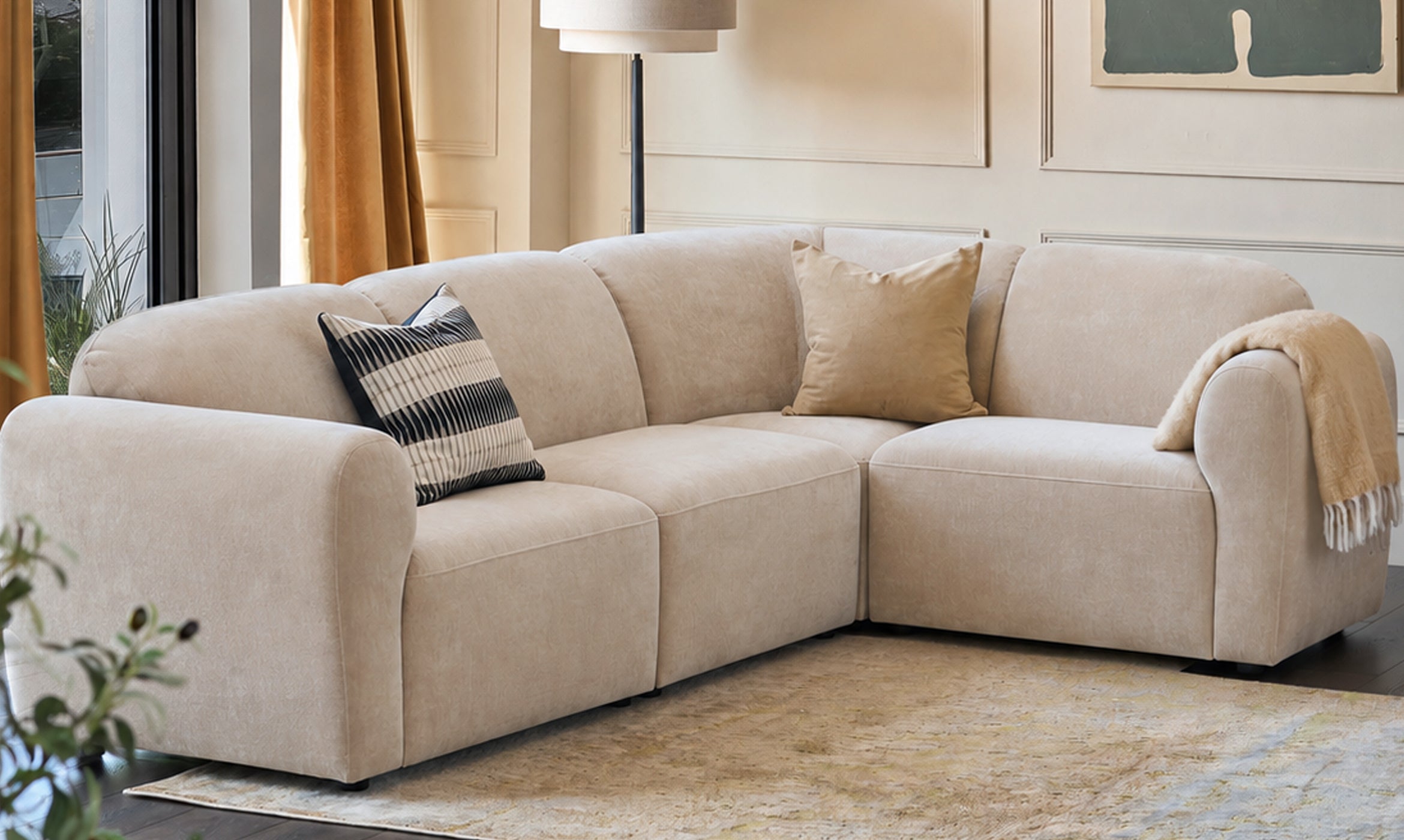 Penny champagne fabric small corner sofa