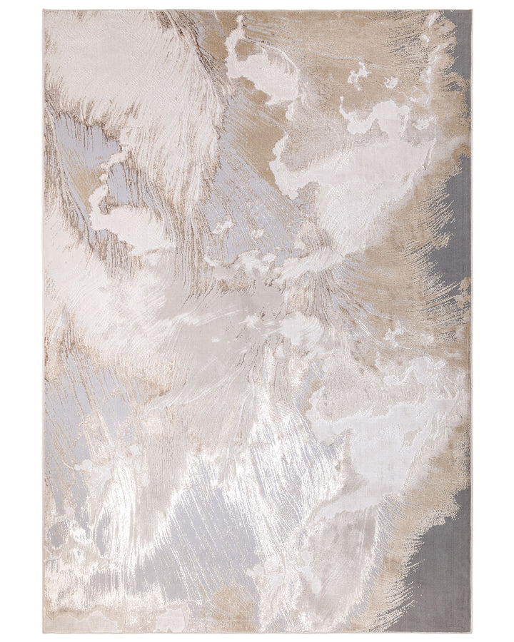 Perla Expression medium textured rug in silver with abstract brushstroke pattern and white highlights on neutral background.