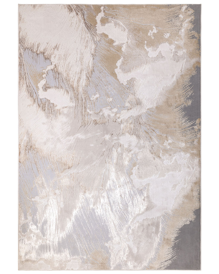 Perla Expression medium textured rug in silver with abstract brushstroke pattern and white highlights on neutral background.