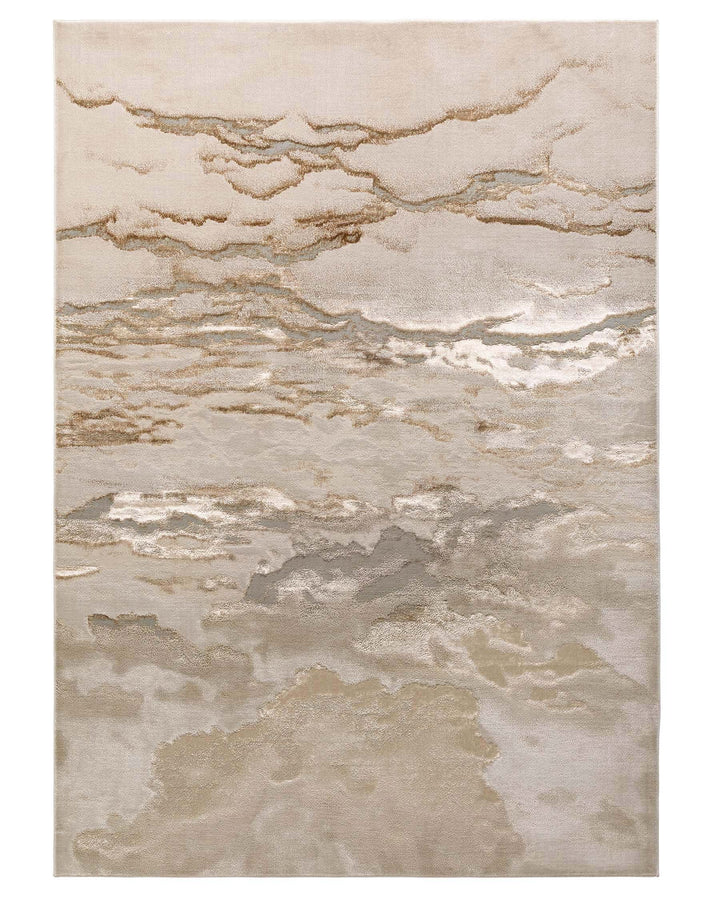 Abstract rug with cloud-like patterns in beige and brown, adding texture and warmth to a modern living space.