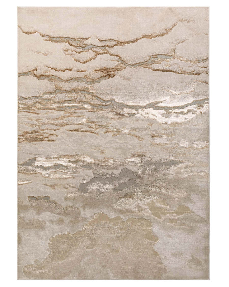 Abstract rug with cloud-like patterns in beige and brown, adding texture and warmth to a modern living space.
