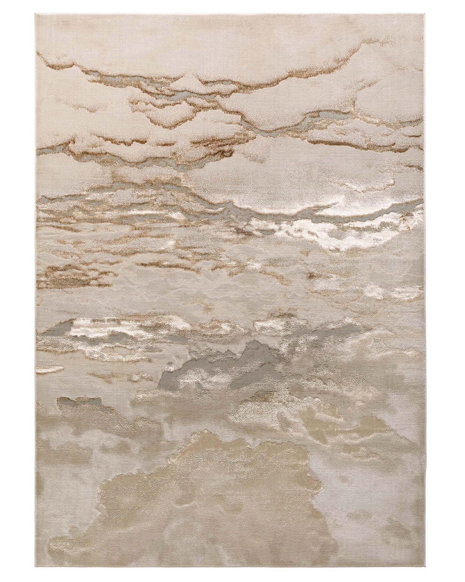 Contemporary area rug with an abstract design in neutral shades of beige, taupe, and grey, suitable for modern and transitional interiors.