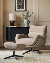 Mocha fabric accent chair with curved arms and matching footstool, black swivel base, in a styled living room setting.