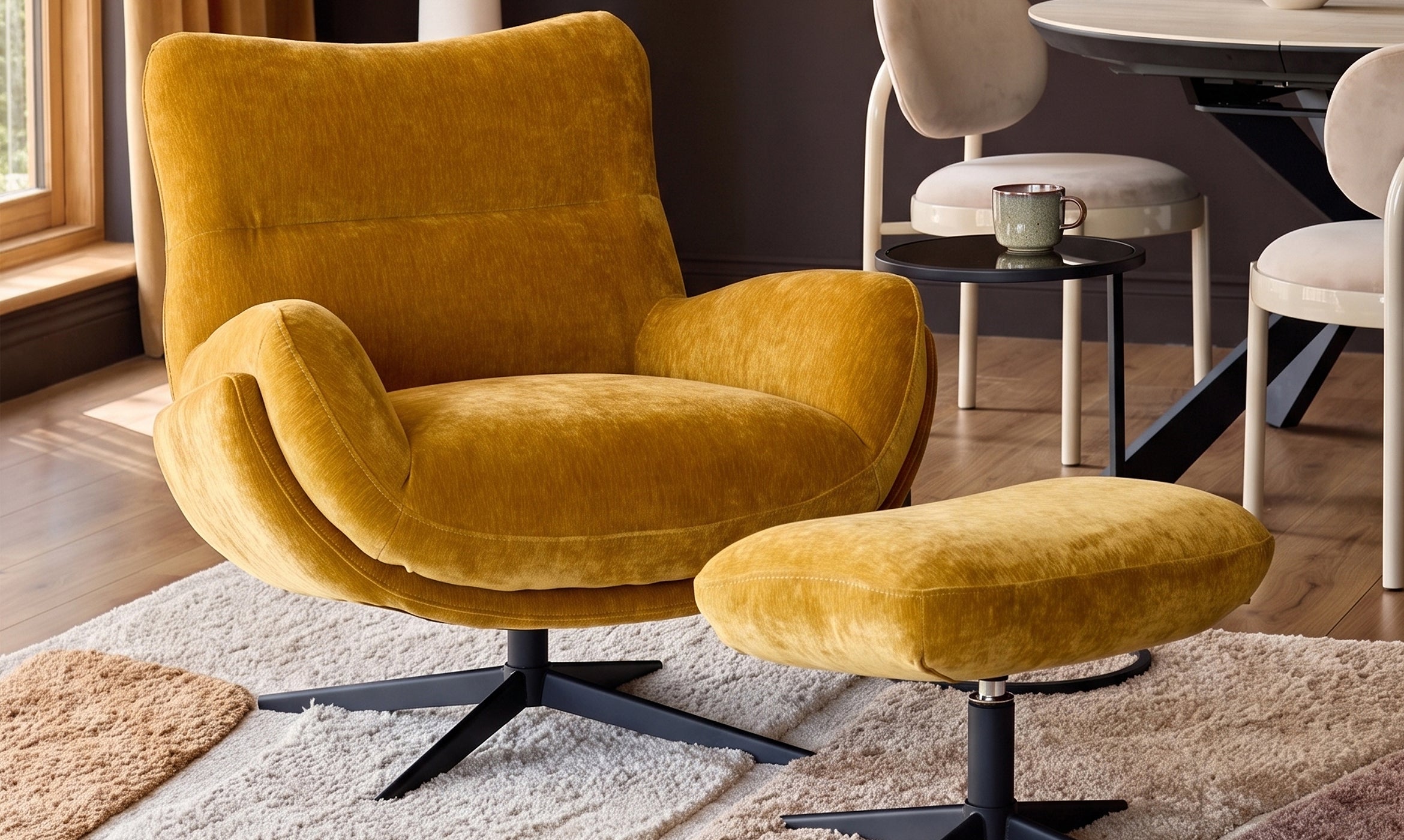 Piper ochre fabric occasional chair with footstool