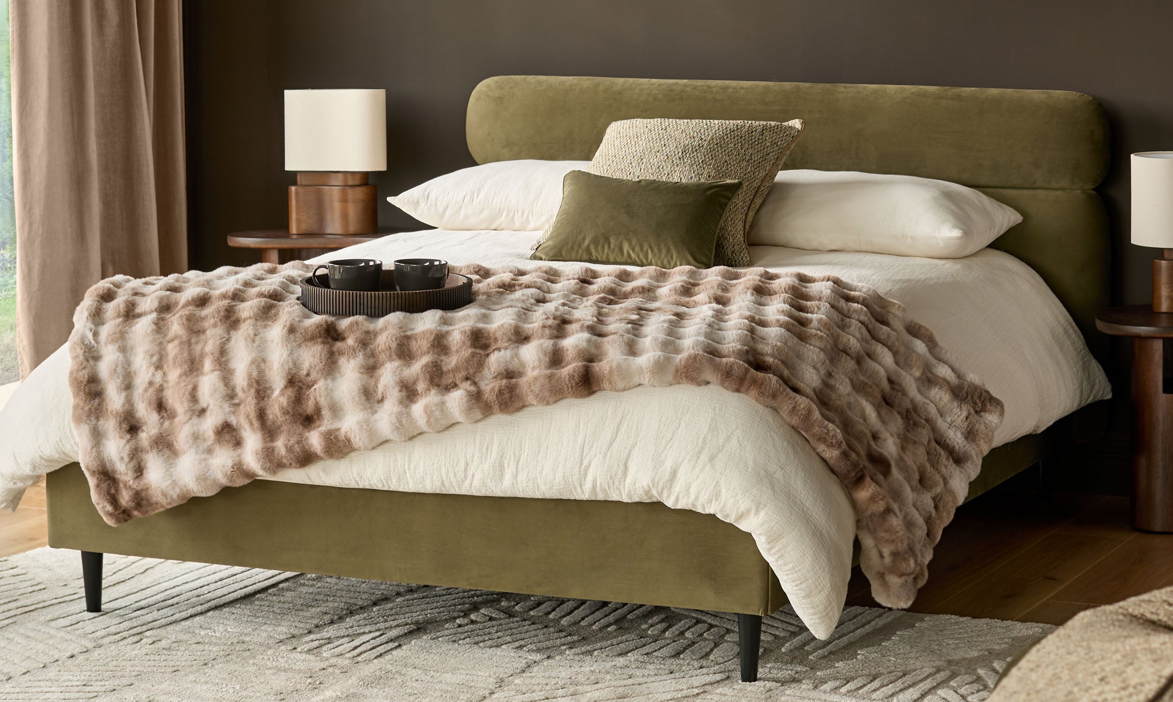 Preston olive green velvet double bed