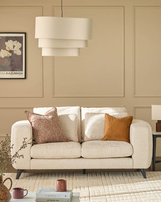 Quinn natural fabric dark wood 2 seater sofa