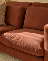 Quinn toffee red plush fabric black wood 2 seater sofa