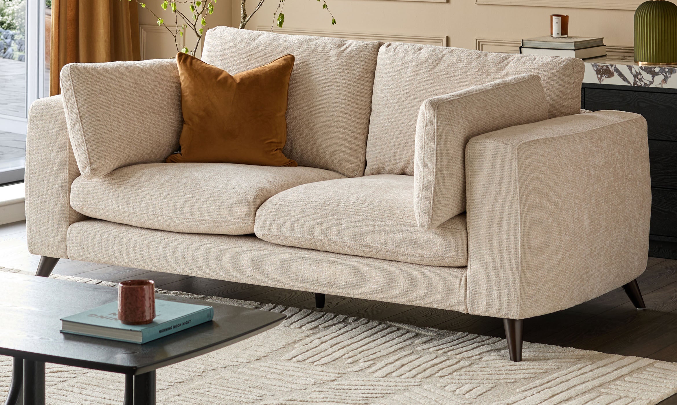 Quinn natural fabric dark wood 3 seater sofa