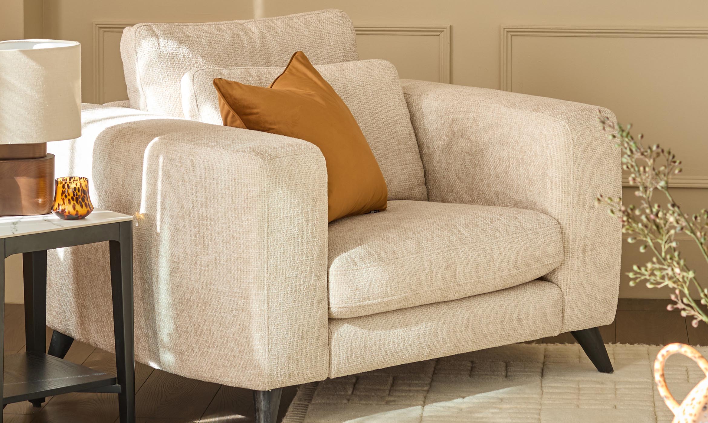 Quinn natural fabric dark wood armchair