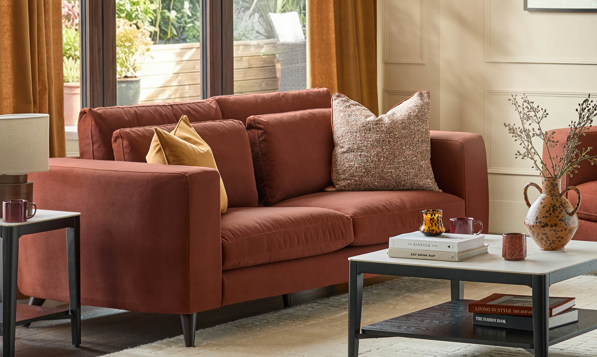 Quinn toffee red plush fabric black wood 3 seater sofa