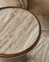 Rayna side table with dark wood frame and light marble top, viewed from above at an angle.
