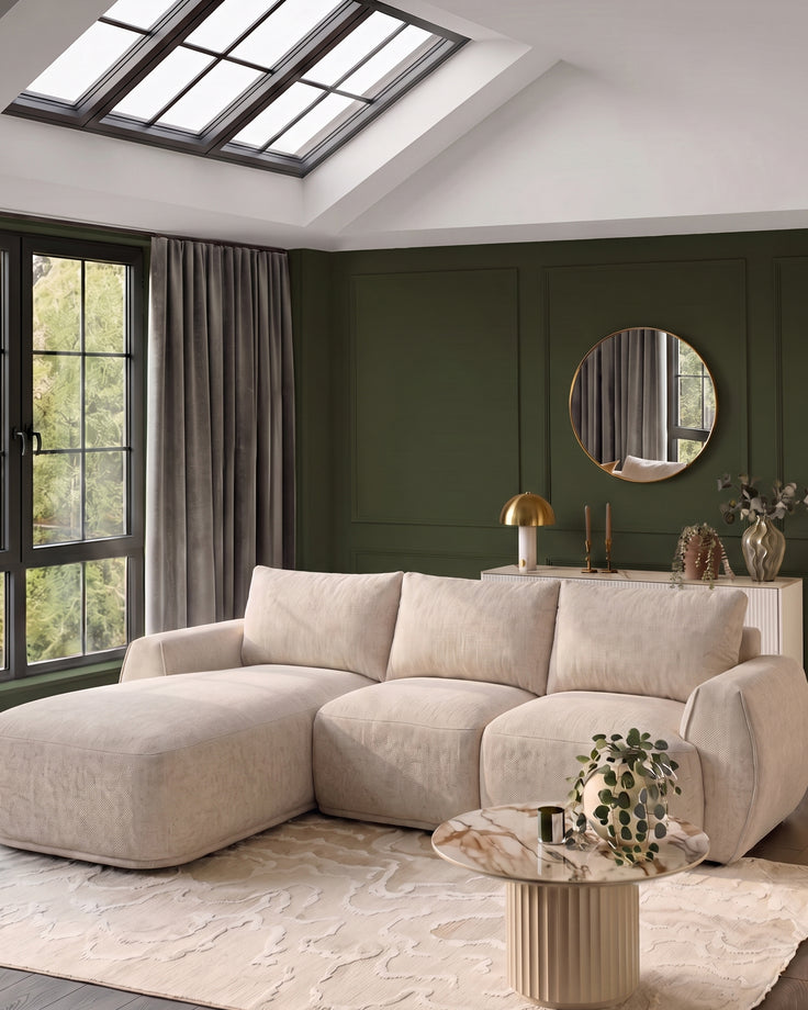 Renato natural fabric left hand facing large chaise sofa