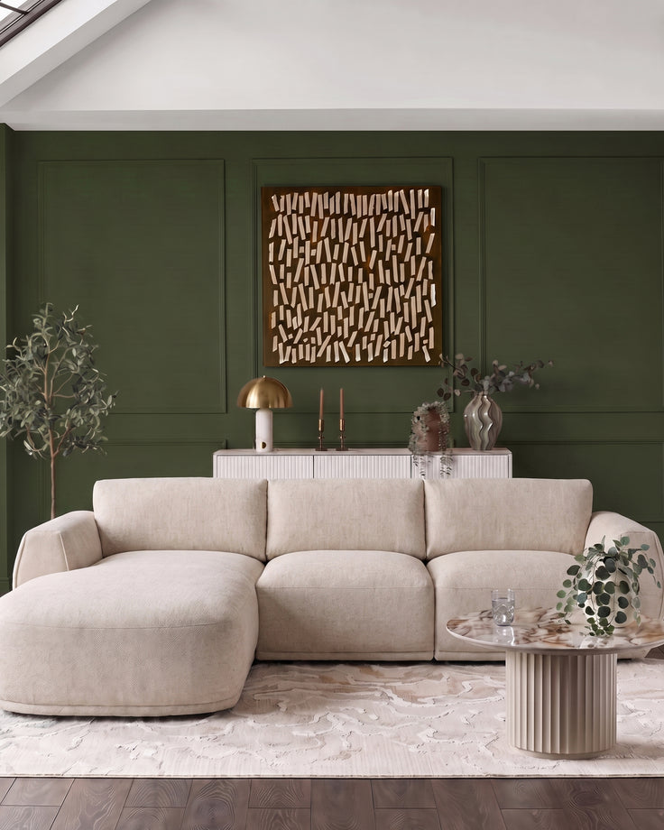 Renato natural fabric left hand facing large chaise sofa
