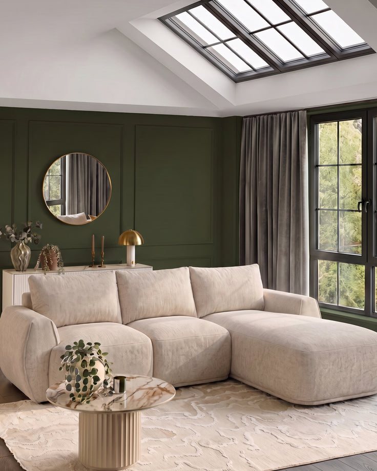 Renato natural fabric right hand facing large chaise sofa