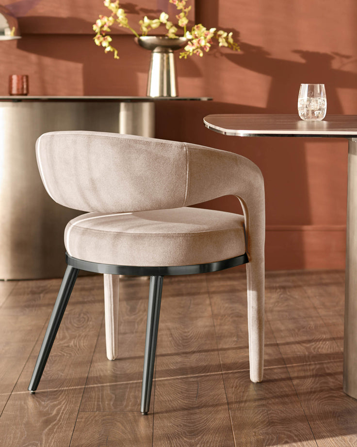 Rhett dining chair in champagne velvet with curved backrest, black metal legs, positioned at wooden table in warm terracotta interior.
