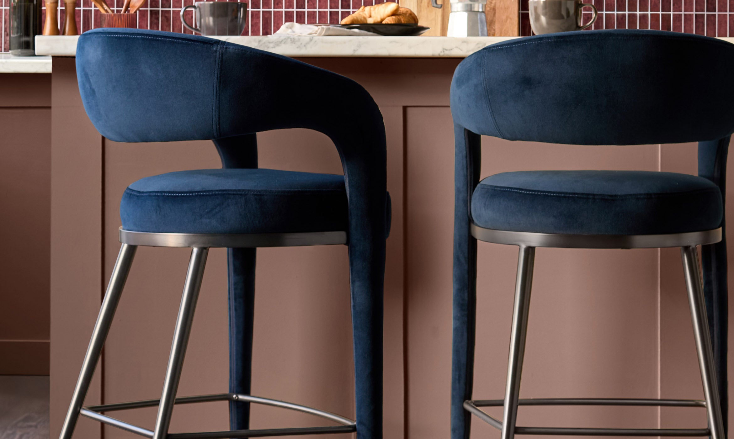 Rhett dark navy velvet bar stool