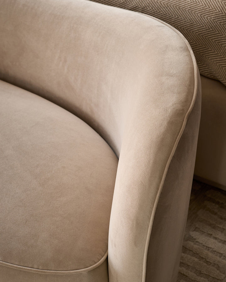 Rhiannon accent sofa in champagne velvet, close-up detail showing curved armrest and piping against herringbone rug.