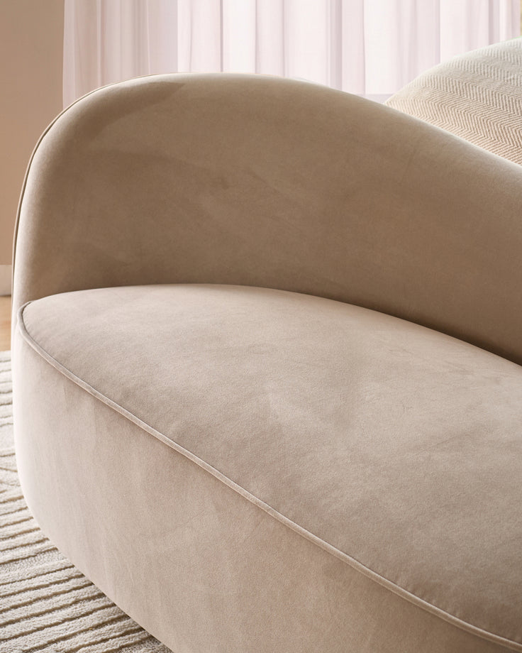 Champagne velvet accent sofa with curved, rounded back and seat, shown at an angle in a bright room with sheer curtains.