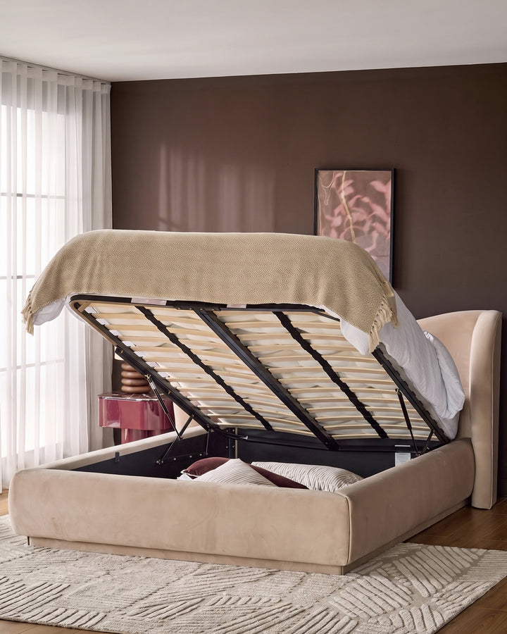 Rhiannon champagne velvet king size ottoman storage bed