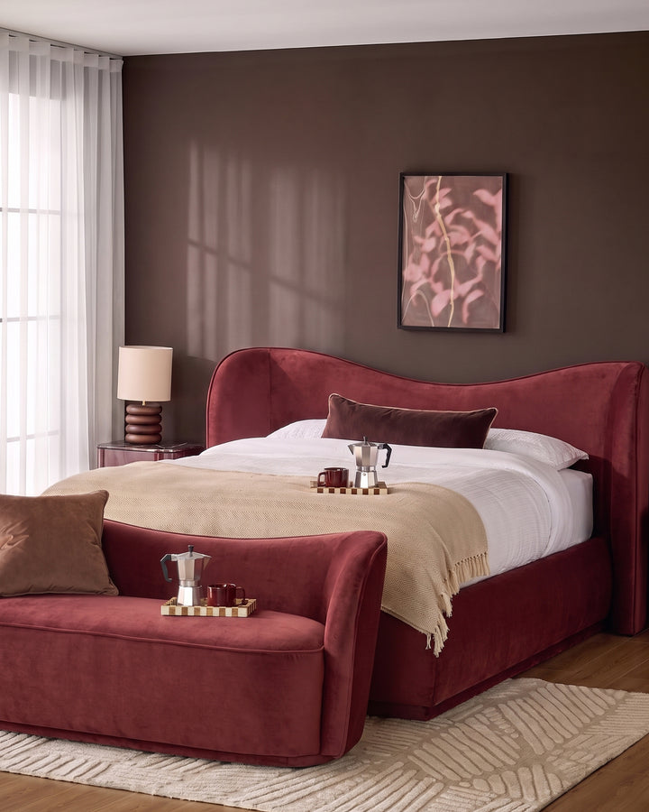 Rhiannon toffee red velvet king size ottoman storage bed