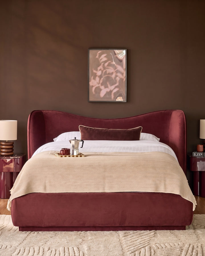 Rhiannon toffee red velvet king size ottoman storage bed