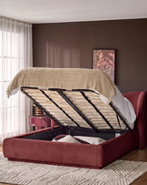 Rhiannon toffee red velvet king size ottoman storage bed