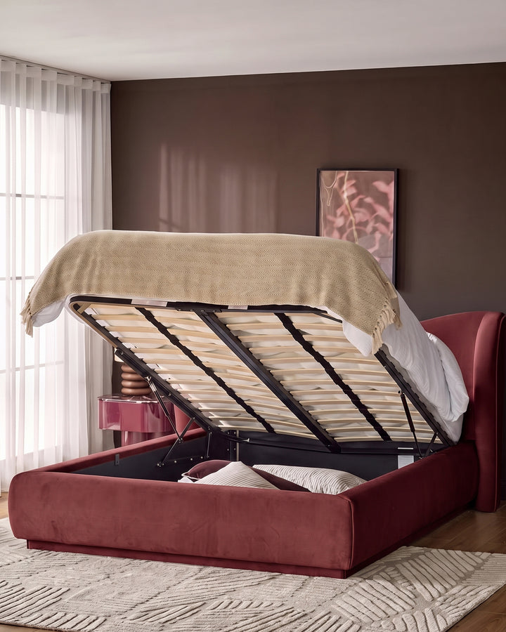 Rhiannon toffee red velvet king size ottoman storage bed