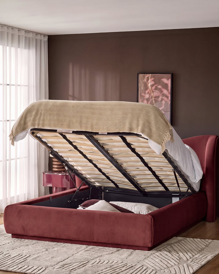 Rhiannon toffee red velvet king size ottoman storage bed