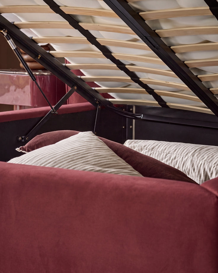 Rhiannon toffee red velvet king size ottoman storage bed