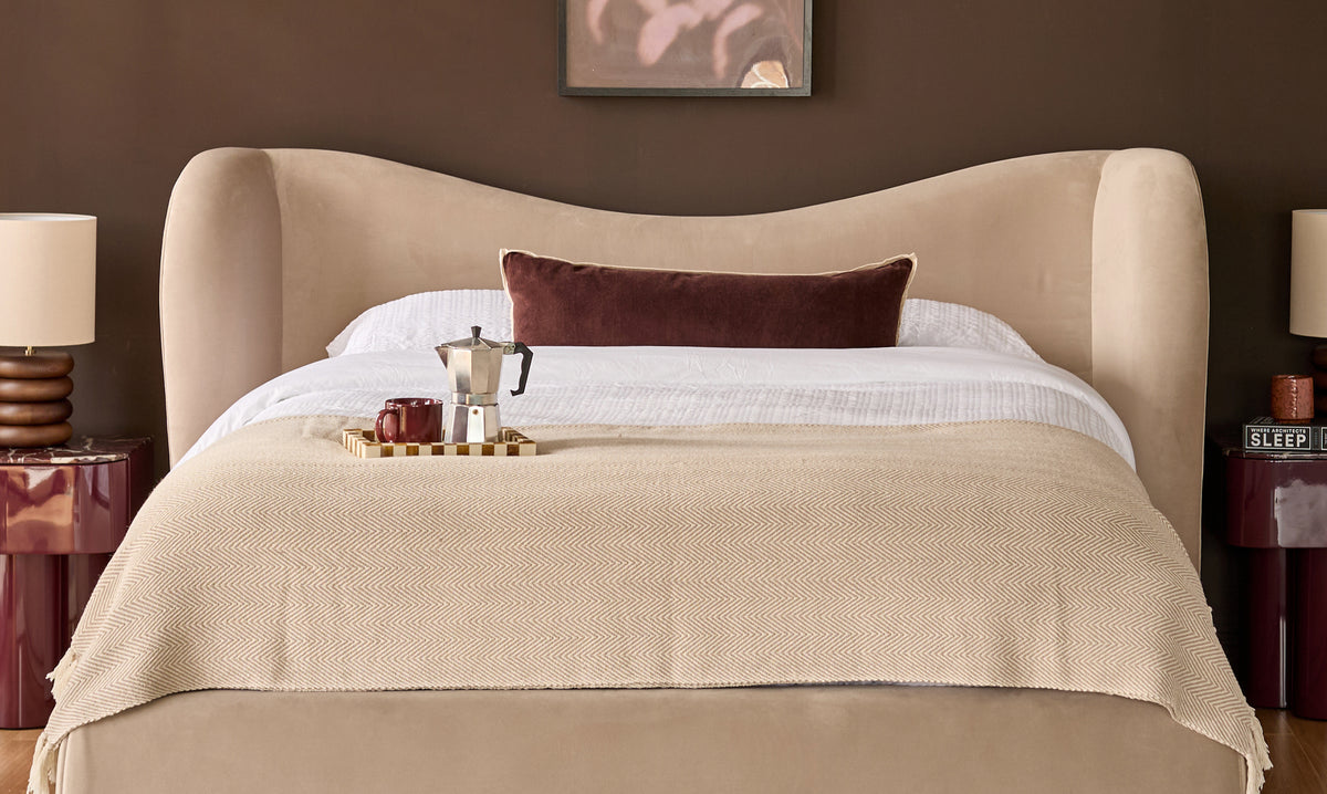 Rhiannon champagne velvet king size ottoman storage bed