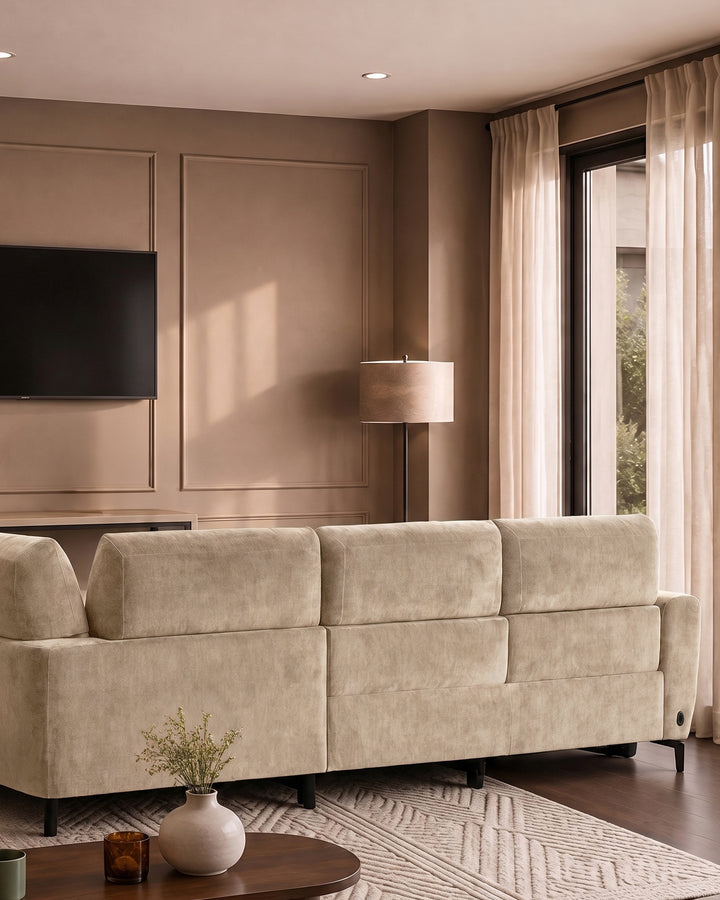 Rhys champagne chenille right hand facing small corner sofa