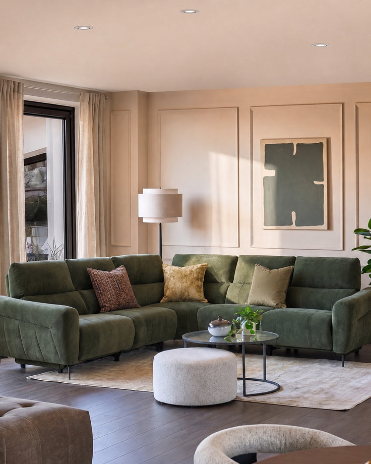 Rhys dark green chenille large corner sofa