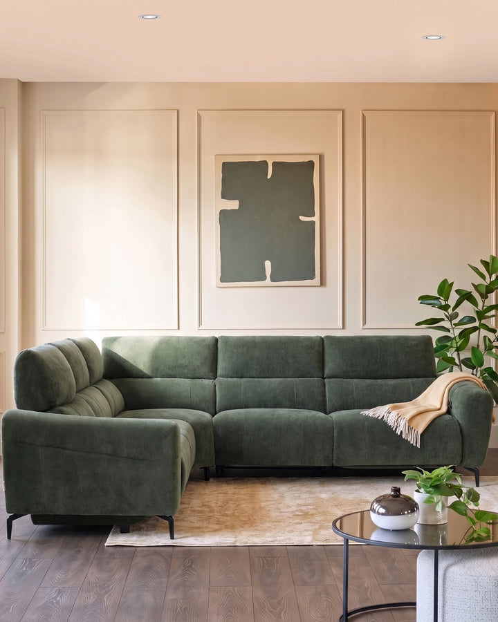 Rhys dark green chenille large corner sofa